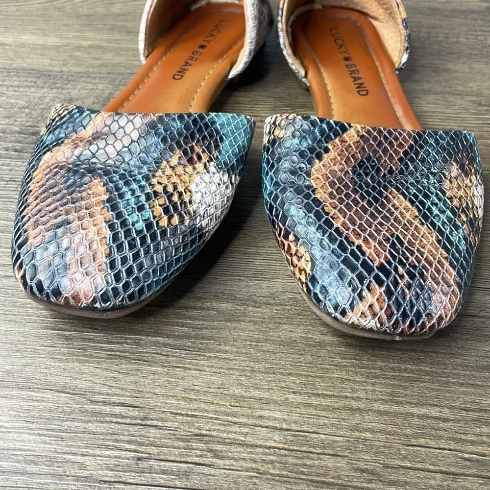 Lucky Brand Women’s DROWE Leather D'Orsay Flats  Tan Black Teal Snake Print, 6 - Picture 6 of 9